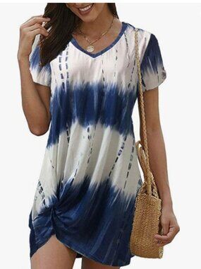 Locryz Twist Knot V Neck Printed Tshirt Dress - XL - Blue